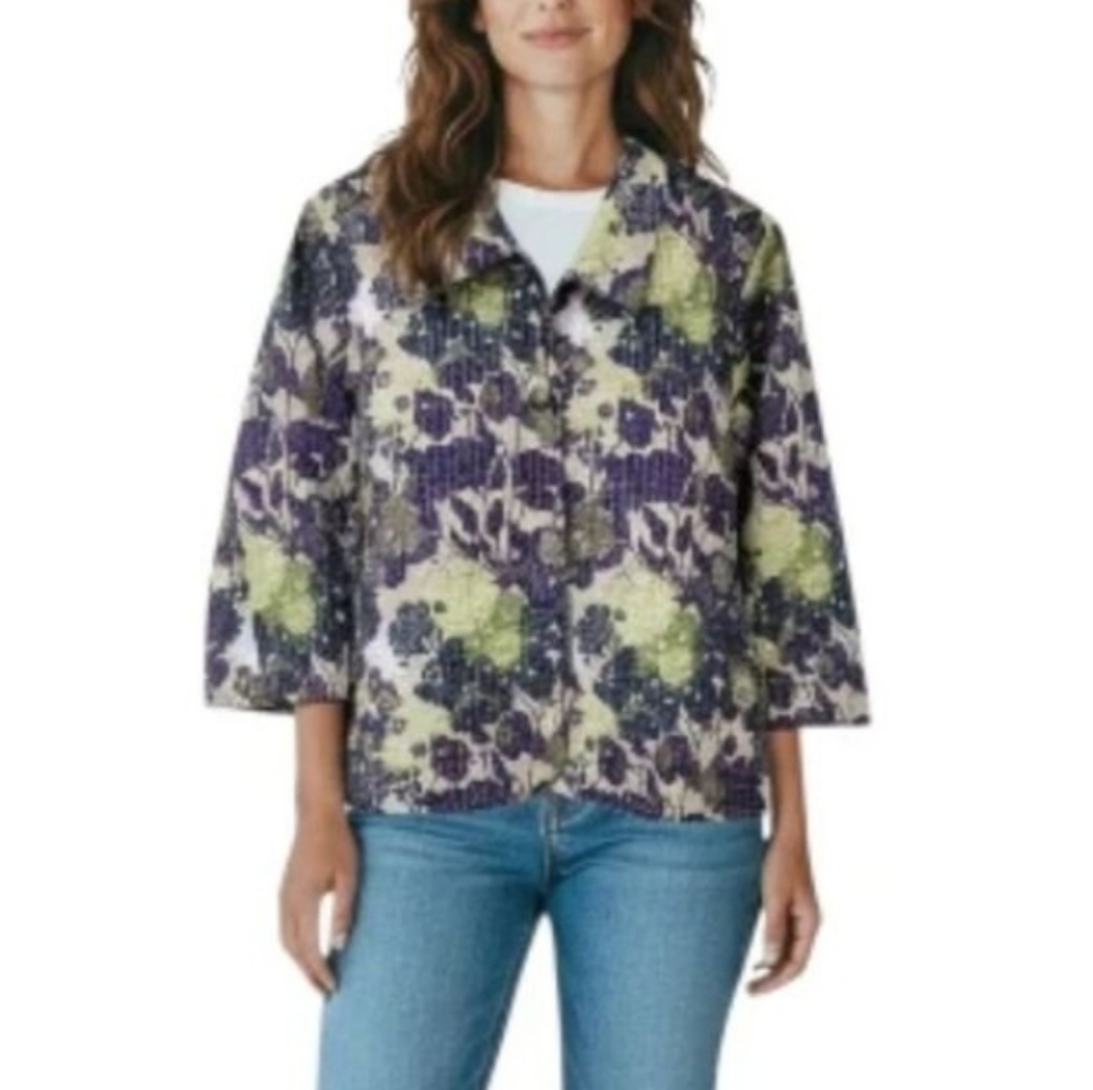 Christopher Banks Purple and Green Floral Quilted Cropped Blazer - NWOT